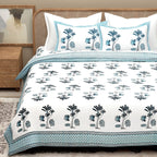 White Blue Ethnic Motifs Cotton 300TC King Bedsheet With 2 Zipper Pillow Covers - Super King Size by House of Ree