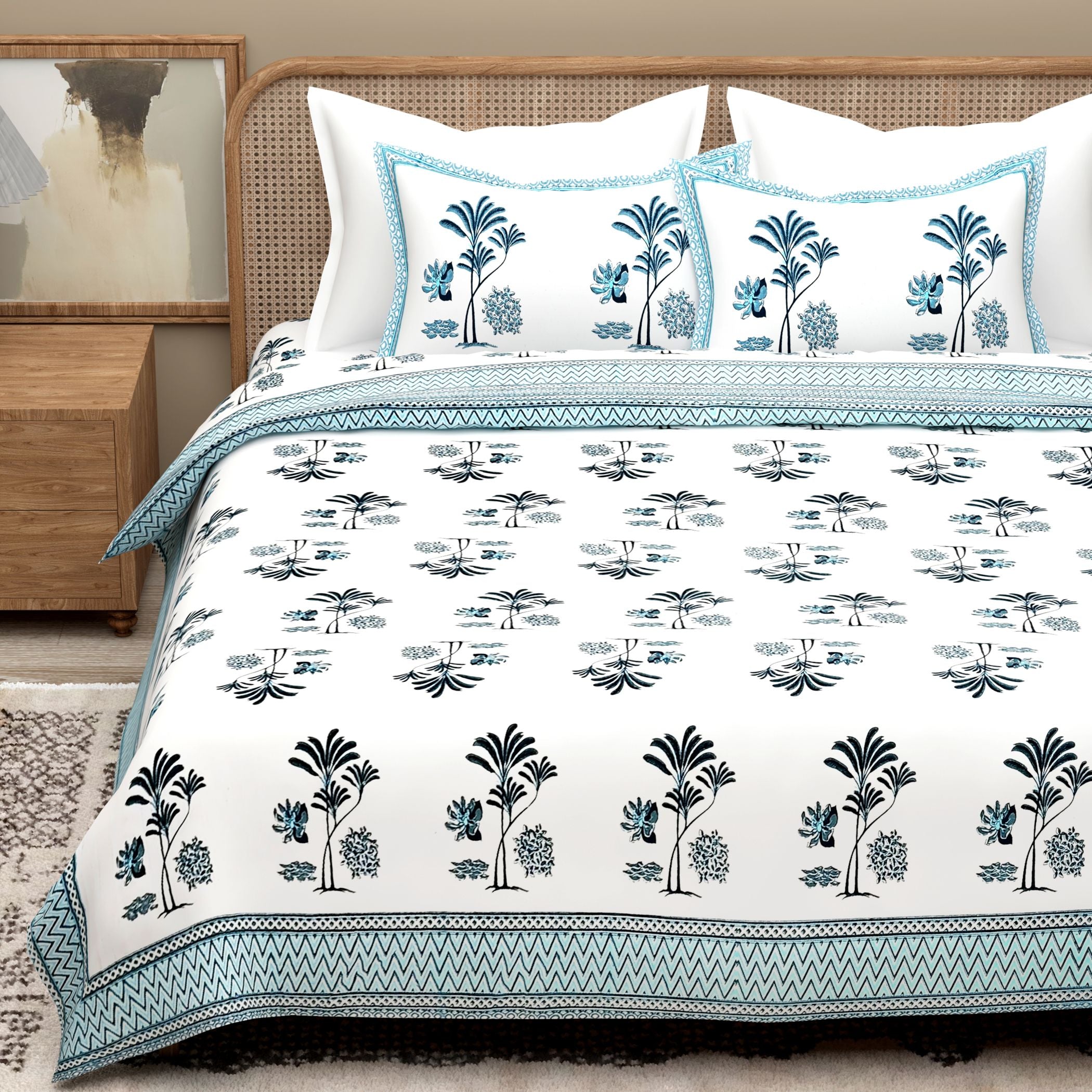White Blue Ethnic Motifs Cotton 300TC King Bedsheet With 2 Zipper Pillow Covers - Super King Size by House of Ree