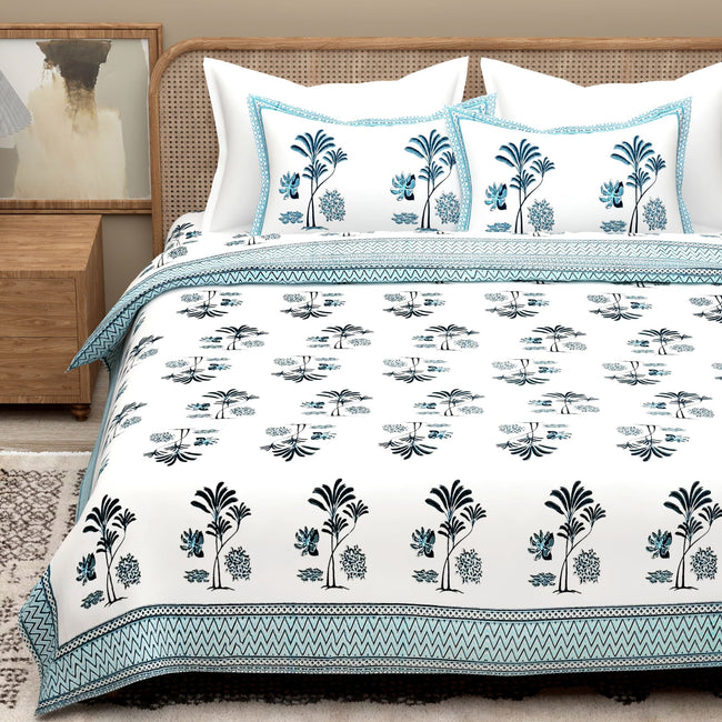 White Blue Ethnic Motifs Cotton 300TC King Bedsheet With 2 Zipper Pillow Covers - Super King Size by House of Ree Main Image