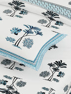 White Blue Ethnic Motifs Cotton 300TC King Bedsheet With 2 Zipper Pillow Covers - Super King Size by House of Ree