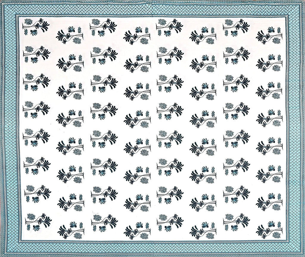 White Blue Ethnic Motifs Cotton 300TC King Bedsheet With 2 Zipper Pillow Covers - Super King Size by House of Ree