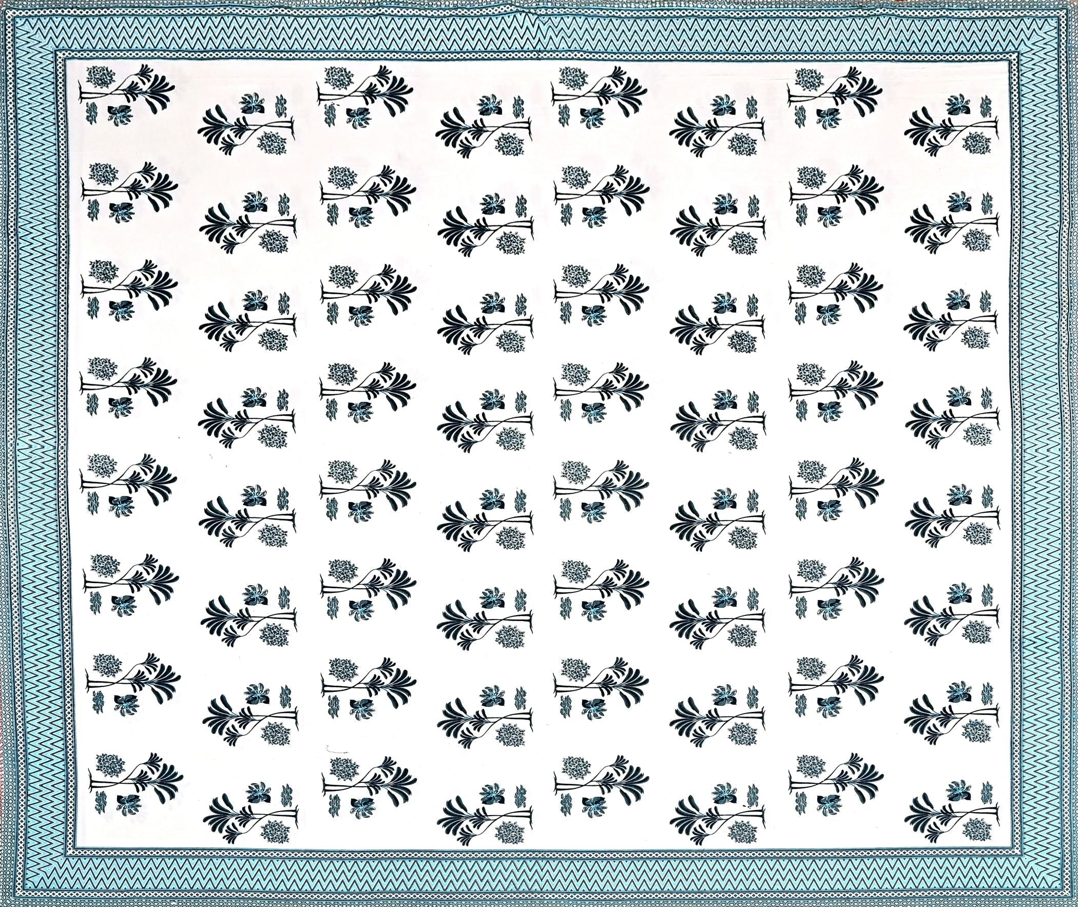 White Blue Ethnic Motifs Cotton 300TC King Bedsheet With 2 Zipper Pillow Covers - Super King Size by House of Ree