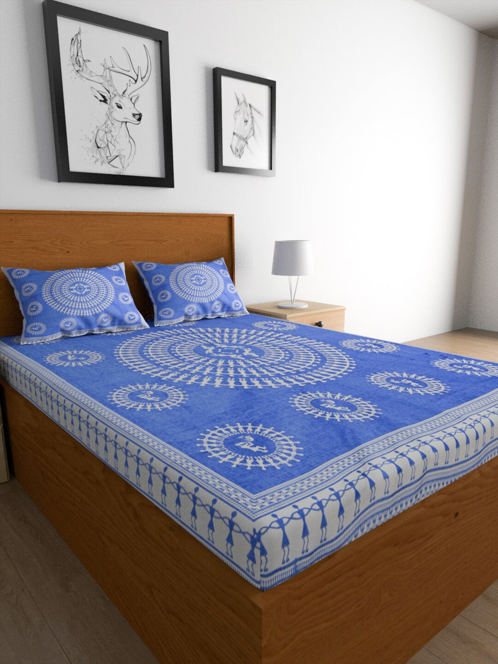 Urban Magic Blue Ethnic Motifs Printed Cotton 104 TC Queen Bedsheet With 2 Pillow Covers