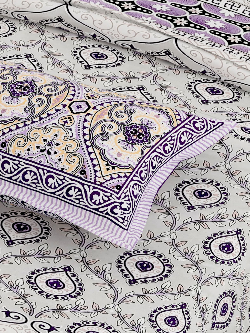 Purple Green Ethnic Motifs Cotton 200TC King Bedsheet With 2 Zipper Pillow Covers - King Size by House of Ree