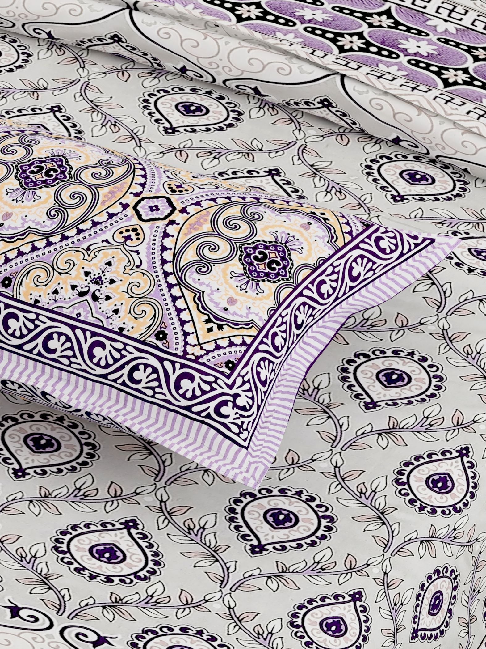 Purple Green Ethnic Motifs Cotton 200TC King Bedsheet With 2 Zipper Pillow Covers - King Size by House of Ree