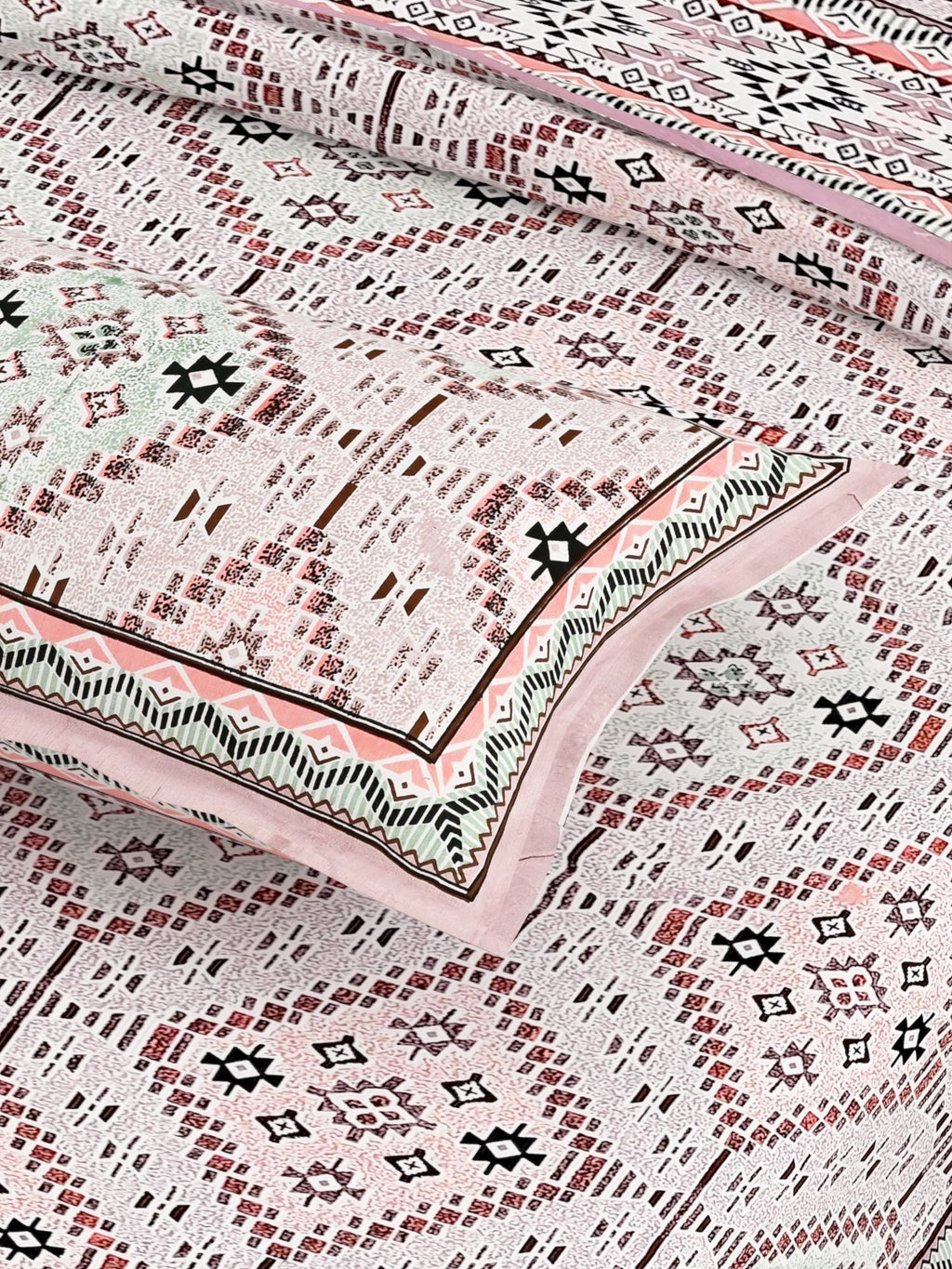 Pink Ethnic Motifs Cotton 200TC King Bedsheet With 2 Zipper Pillow Covers - King Size by House of Ree