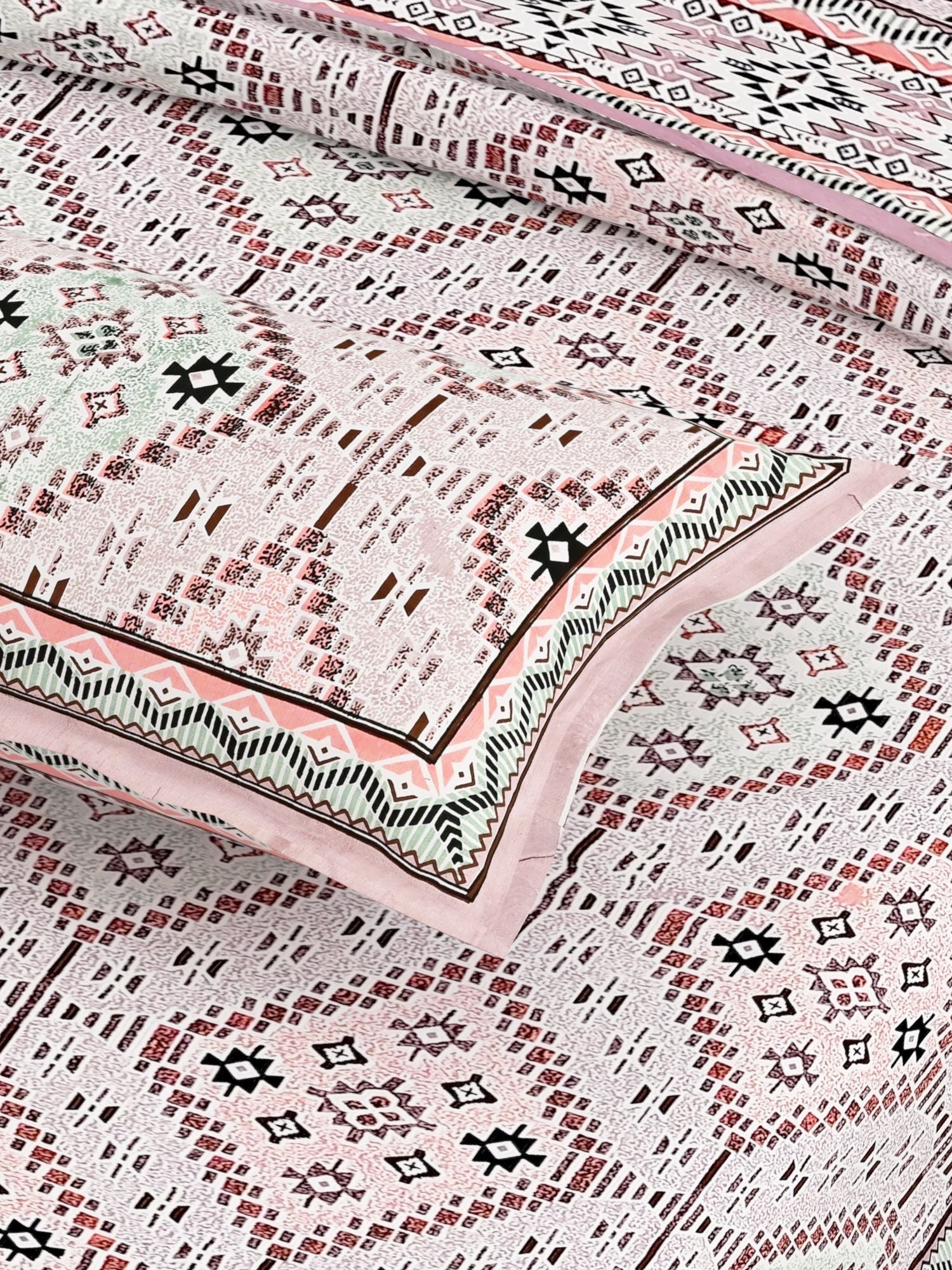 Pink Ethnic Motifs Cotton 200TC King Bedsheet With 2 Zipper Pillow Covers - King Size by House of Ree