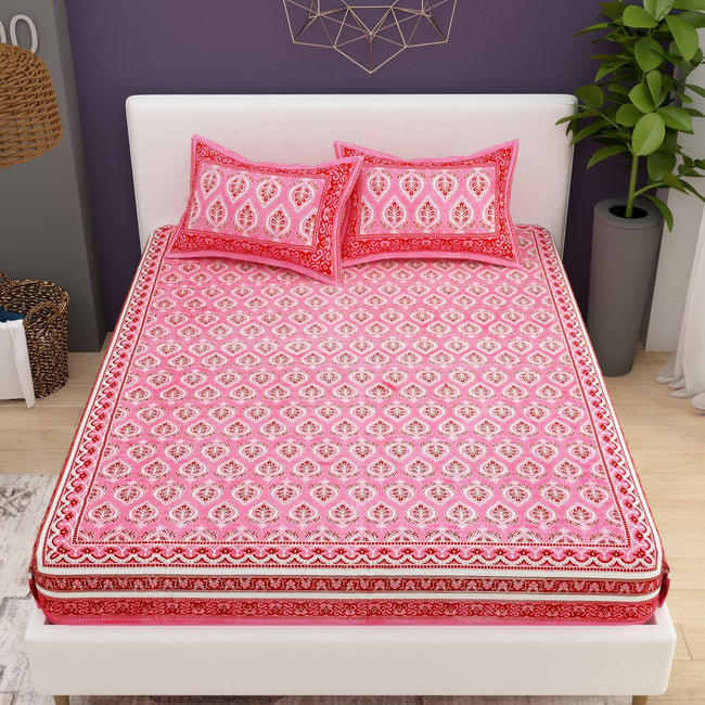 Yellow Ethnic Motifs Cotton 200TC King Bedsheet With 2 Zipper Pillow Covers - King Size by House of Ree Hover Image