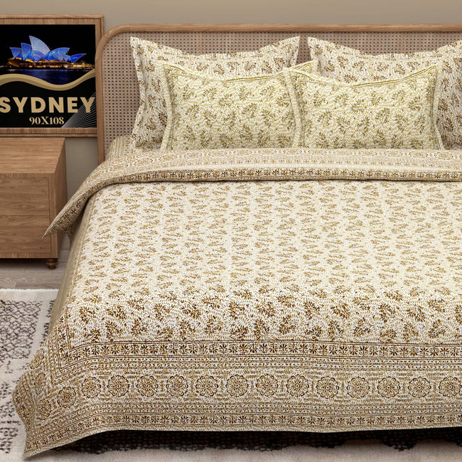 White Orange Ethnic Motifs Cotton 200TC King Bedsheet With 2 Zipper Pillow Covers - King Size by House of Ree Main Image