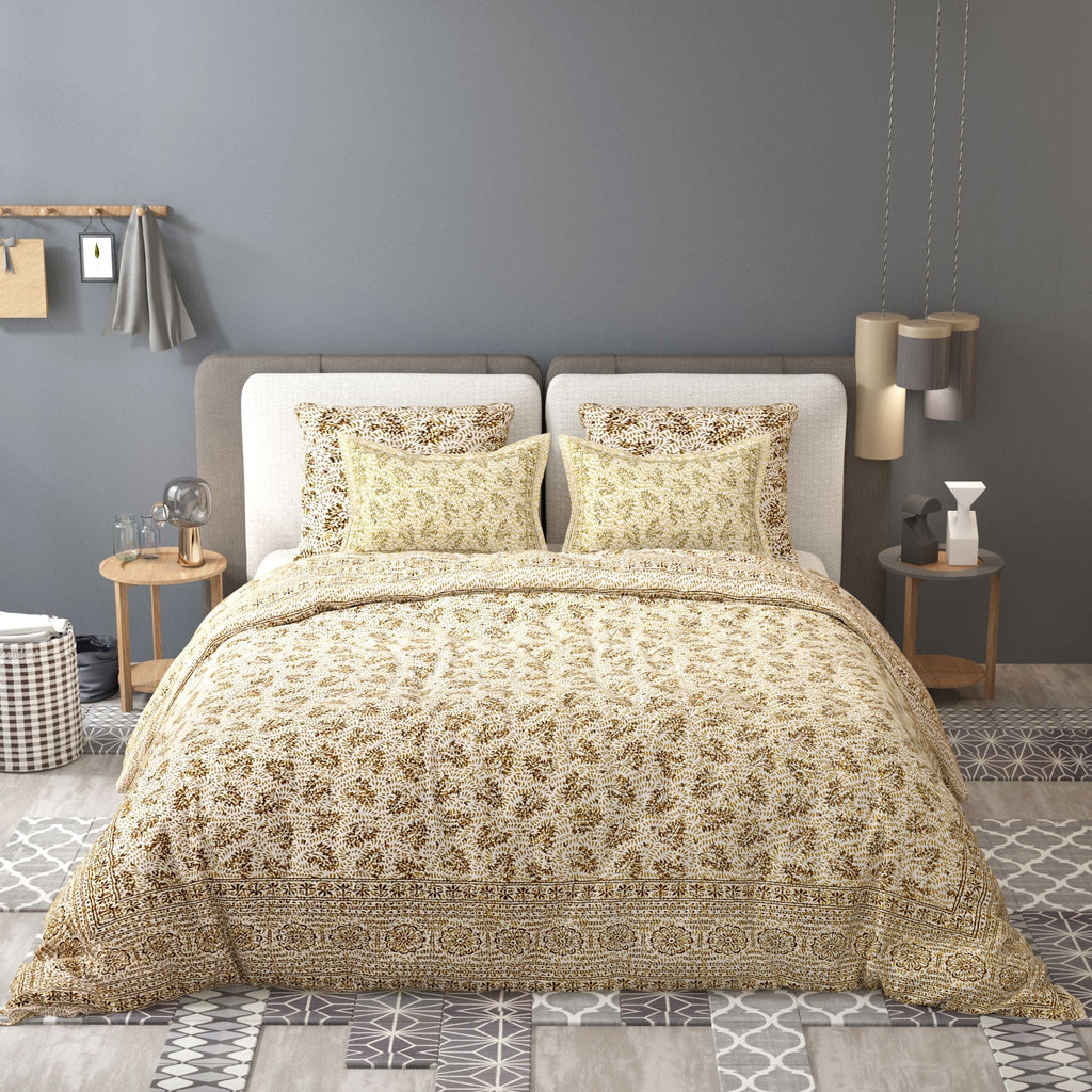 White Orange Ethnic Motifs Cotton 200TC King Bedsheet With 2 Zipper Pillow Covers - King Size by House of Ree