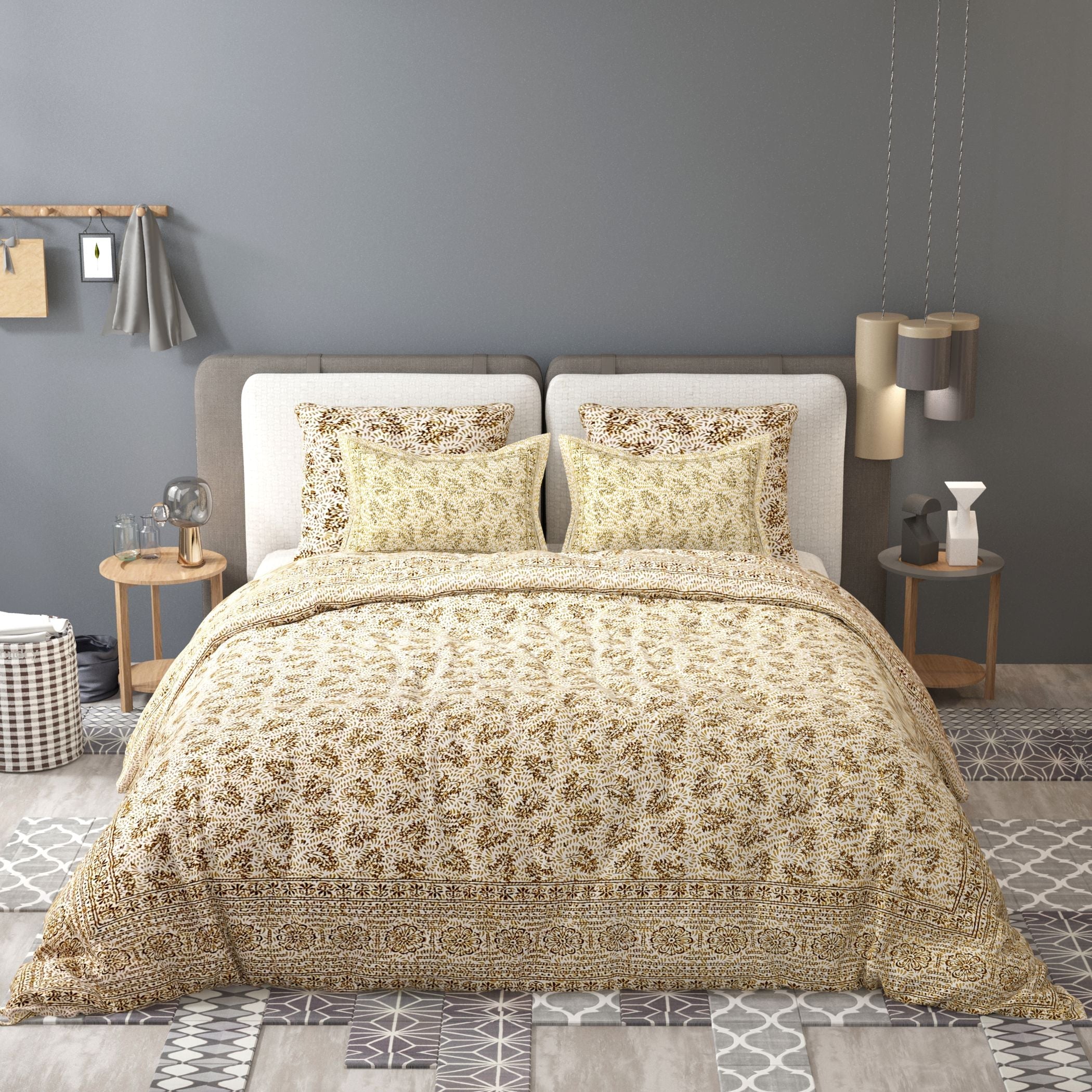 White Orange Ethnic Motifs Cotton 200TC King Bedsheet With 2 Zipper Pillow Covers - King Size by House of Ree