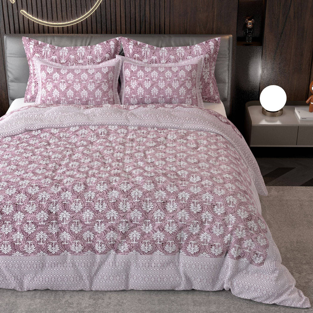 Pink Ethnic Motifs Cotton 220 TC King Bedsheet With 2 Zipper Pillow Covers - King Size by House of Ree