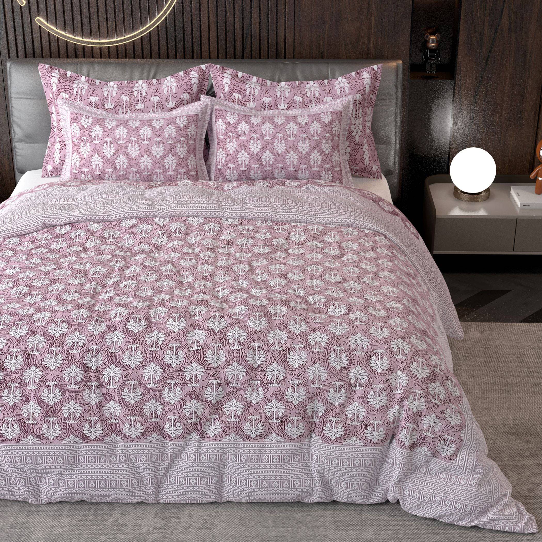 Pink Ethnic Motifs Cotton 220 TC King Bedsheet With 2 Zipper Pillow Covers - King Size by House of Ree