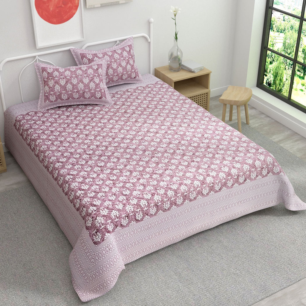 Pink Ethnic Motifs Cotton 220 TC King Bedsheet With 2 Zipper Pillow Covers - King Size by House of Ree