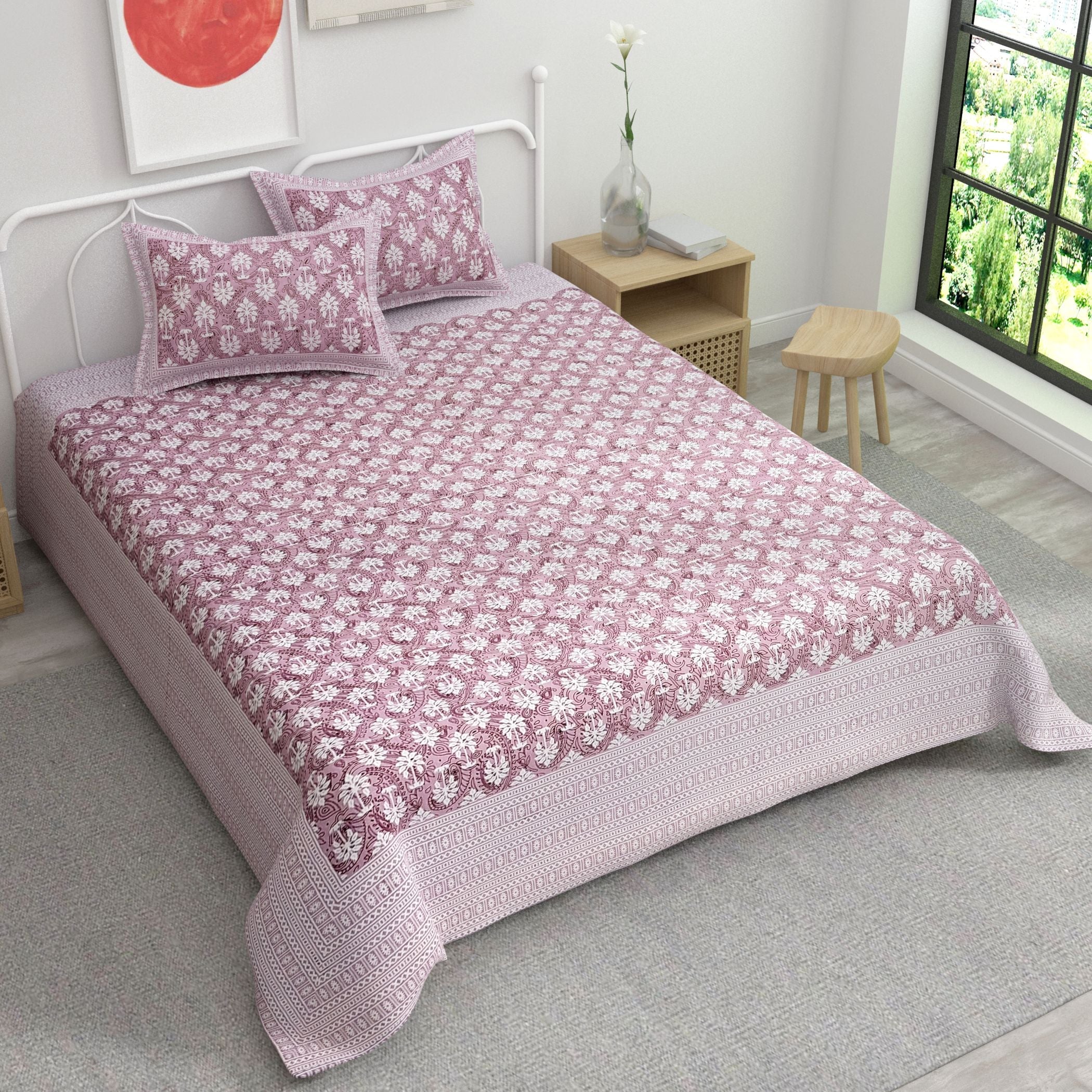Pink Ethnic Motifs Cotton 220 TC King Bedsheet With 2 Zipper Pillow Covers - King Size by House of Ree