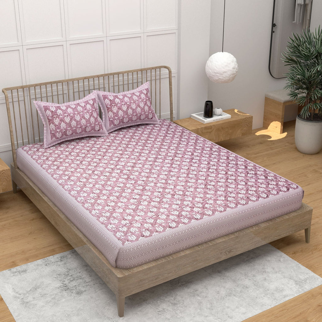 Pink Ethnic Motifs Cotton 220 TC King Bedsheet With 2 Zipper Pillow Covers - King Size by House of Ree