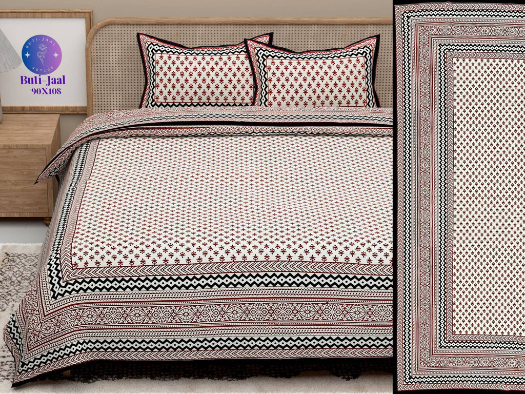 Red Black Handblock Printed Cotton 200TC King Bedsheet With 2 Zipper Pillow Covers - King Size by House of Ree