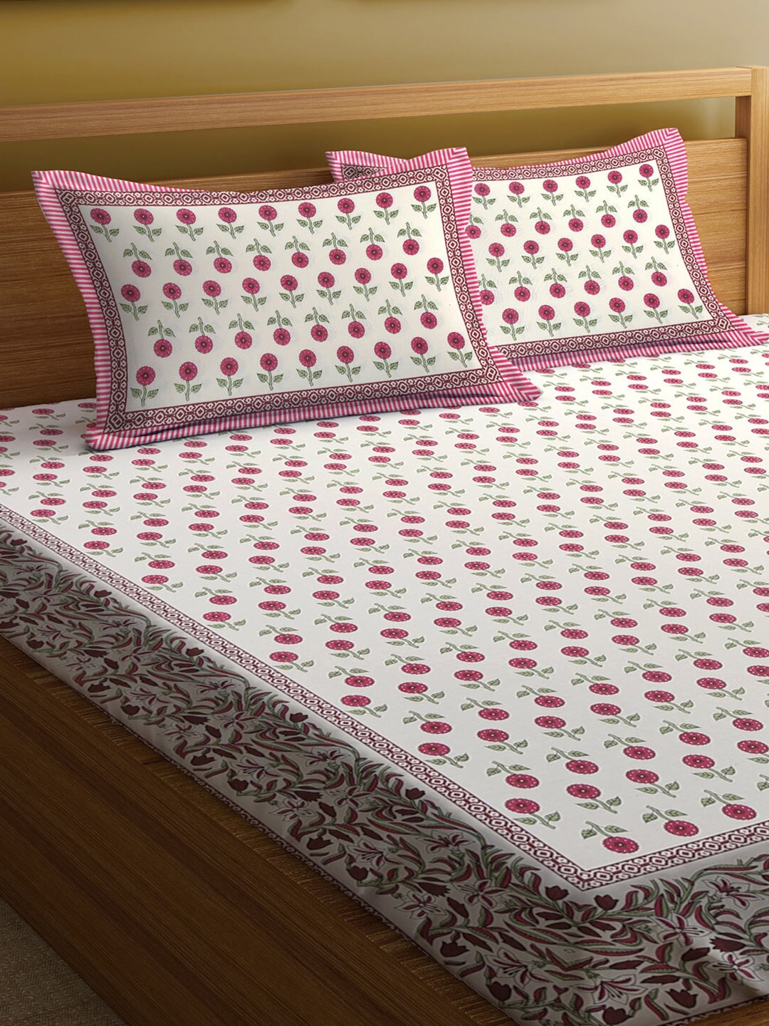 Rajasthan Decor White & Pink Ethnic Motifs 144 TC King Bedsheet with 2 Pillow Covers