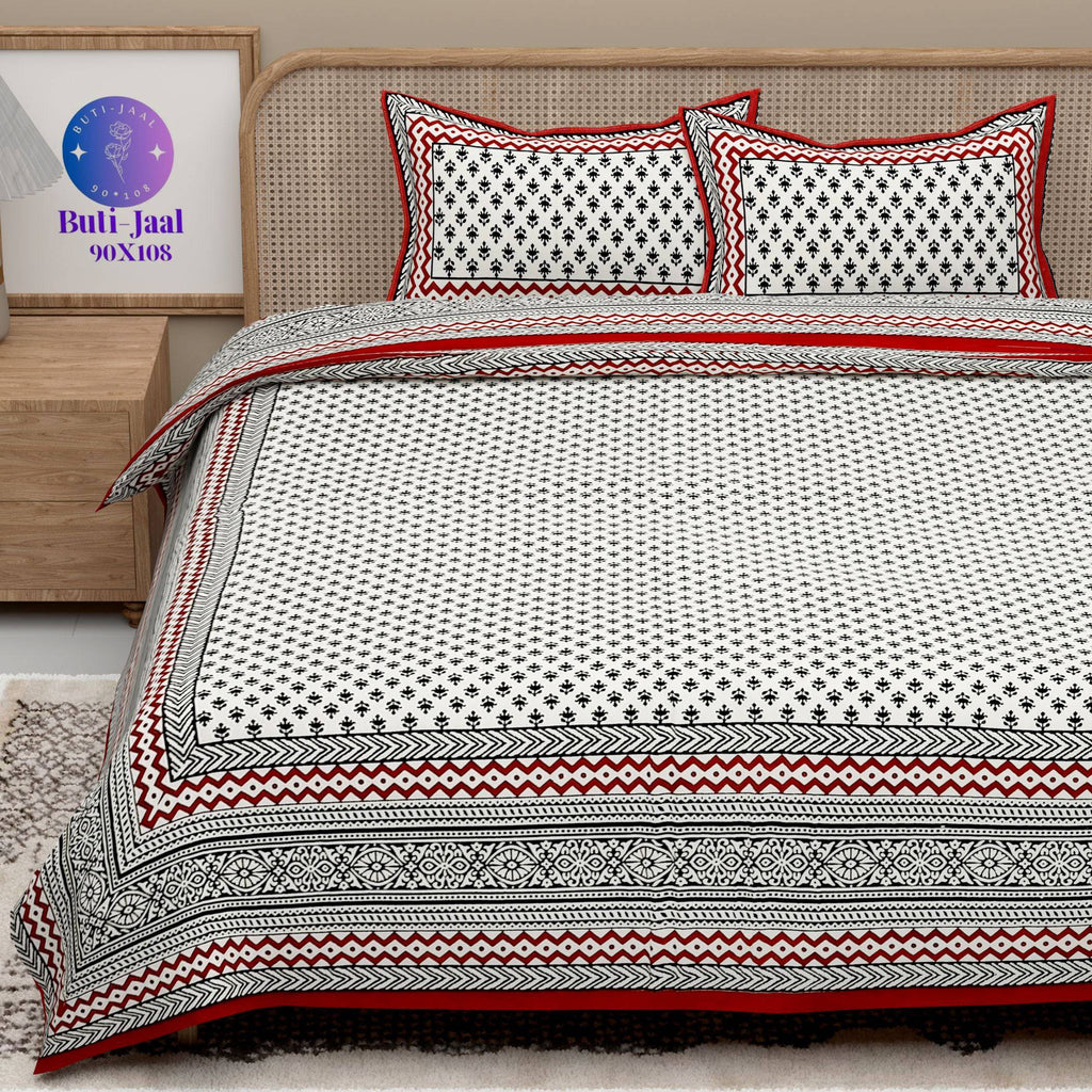 Red Black Handblock Printed Cotton 200TC King Bedsheet With 2 Zipper Pillow Covers - King Size by House of Ree