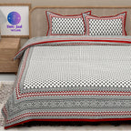 Red Black Handblock Printed Cotton 200TC King Bedsheet With 2 Zipper Pillow Covers - King Size by House of Ree