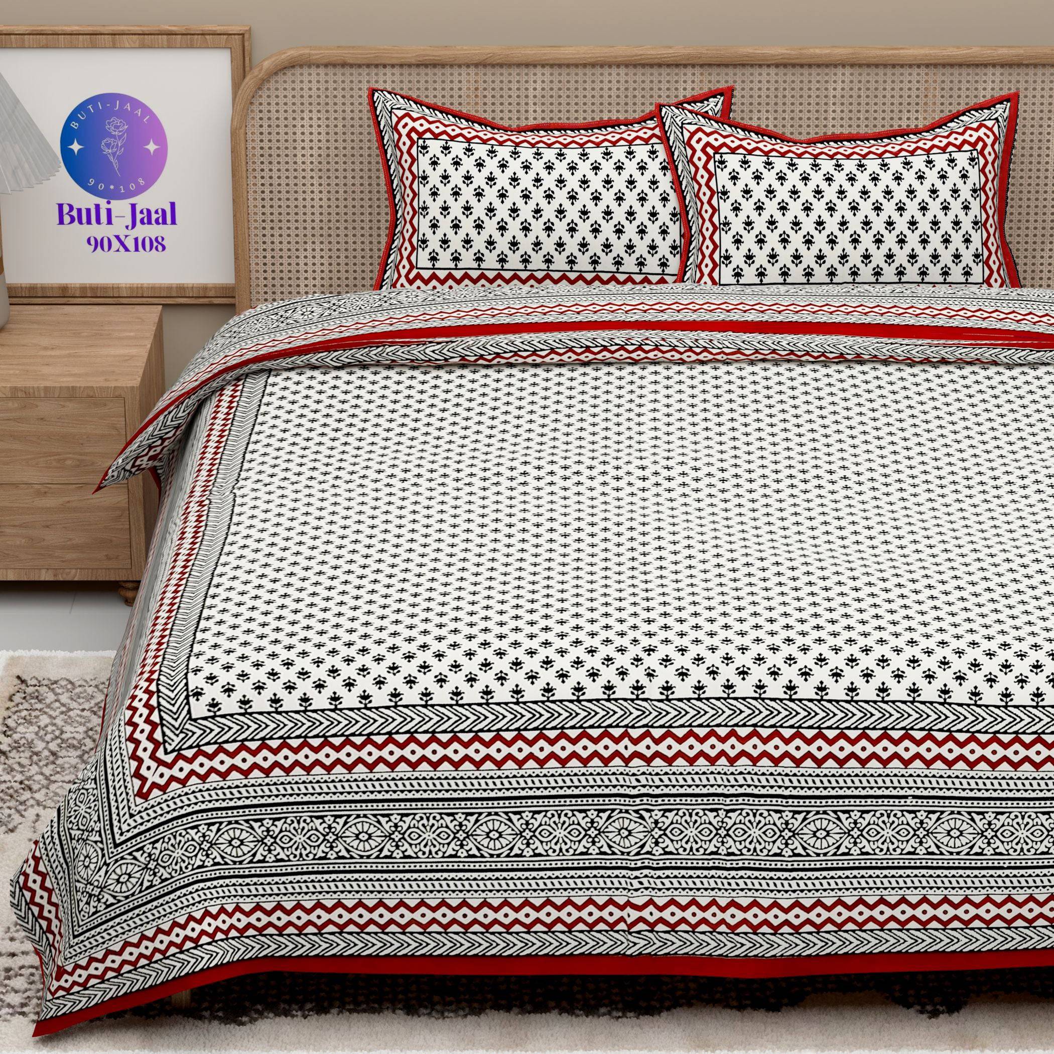 Red Black Handblock Printed Cotton 200TC King Bedsheet With 2 Zipper Pillow Covers - King Size by House of Ree