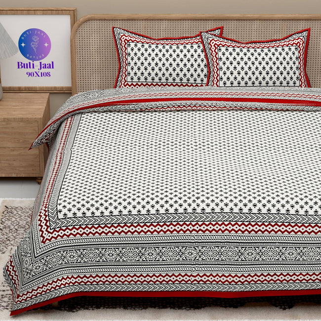 Red Black Handblock Printed Cotton 200TC King Bedsheet With 2 Zipper Pillow Covers - King Size by House of Ree Hover Image