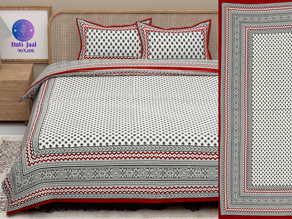 Red Black Handblock Printed Cotton 200TC King Bedsheet With 2 Zipper Pillow Covers - King Size by House of Ree