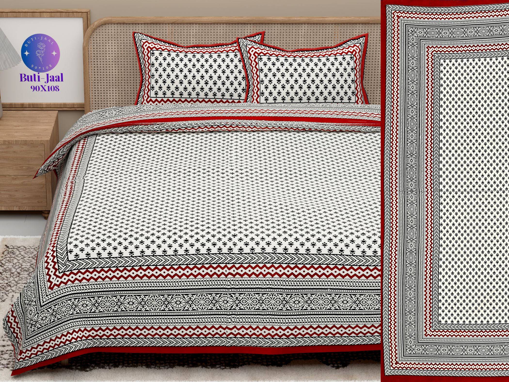 Red Black Handblock Printed Cotton 200TC King Bedsheet With 2 Zipper Pillow Covers - King Size by House of Ree