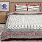 Red White Handblock Printed Cotton 200TC King Bedsheet With 2 Zipper Pillow Covers - King Size by House of Ree