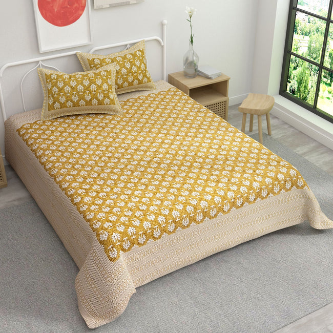 Yellow Ethnic Motifs Cotton 220 TC Bedsheet With 2 Zipper Pillow Covers - King Size by House of Ree Main Image