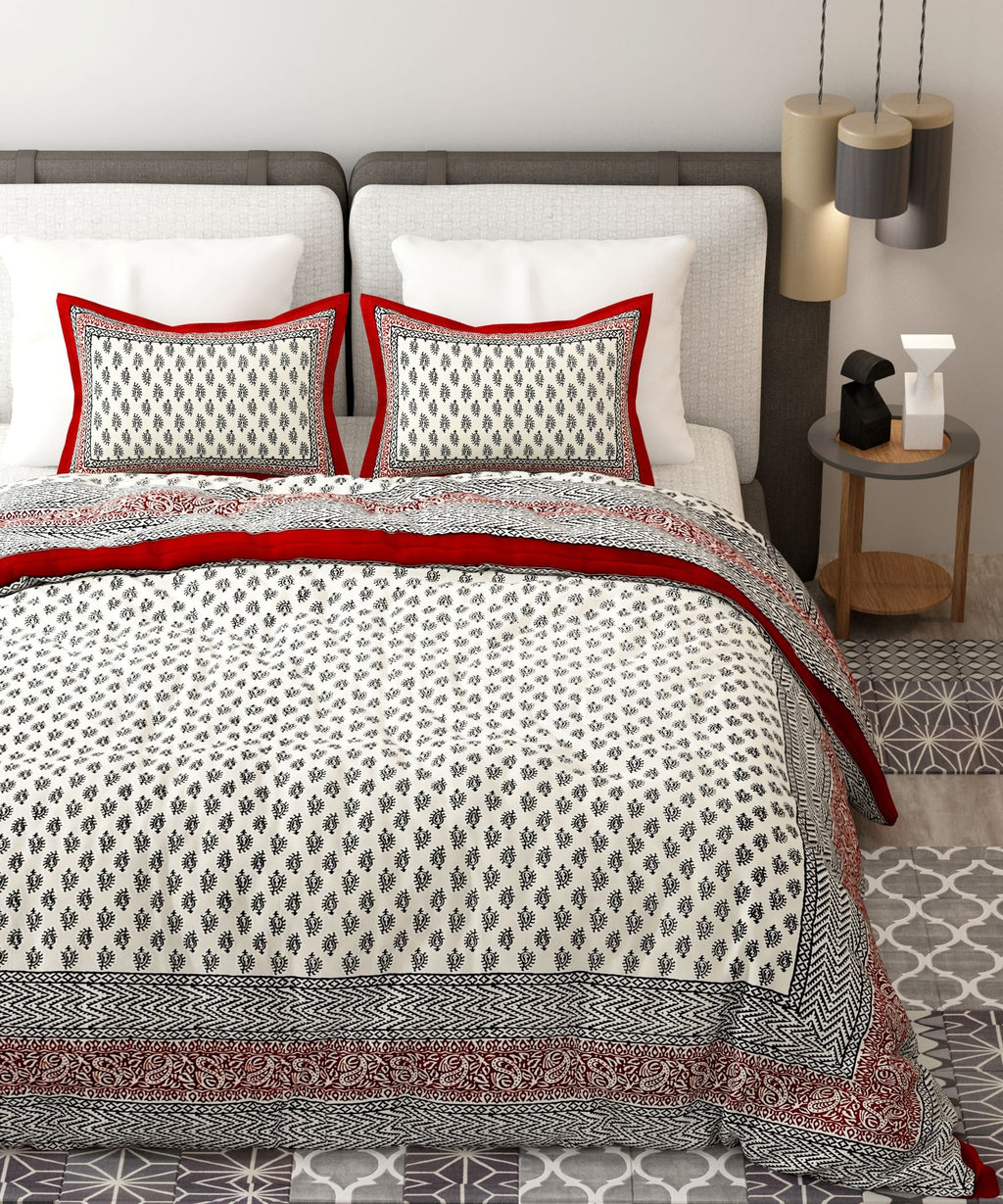 Red White Handblock Printed Cotton 200TC King Bedsheet With 2 Zipper Pillow Covers - King Size by House of Ree