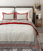 Red White Handblock Printed Cotton 200TC King Bedsheet With 2 Zipper Pillow Covers - King Size by House of Ree
