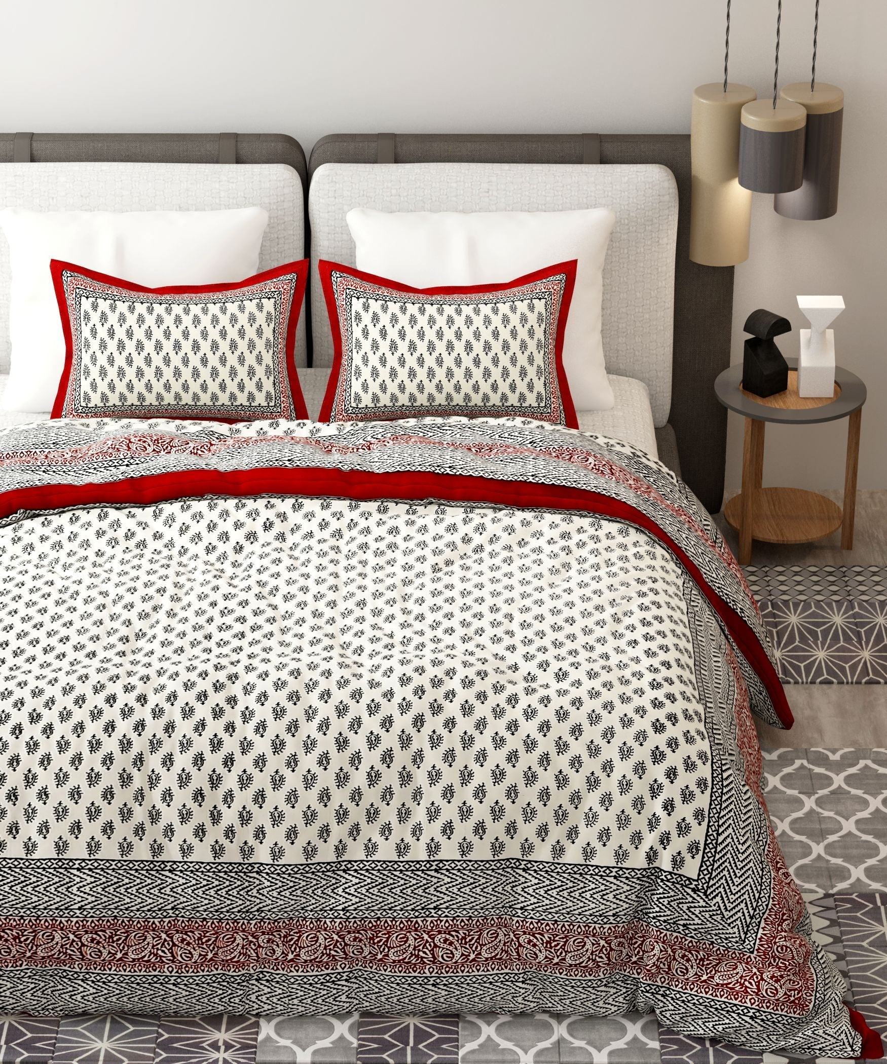 Red White Handblock Printed Cotton 200TC King Bedsheet With 2 Zipper Pillow Covers - King Size by House of Ree