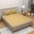 Yellow Ethnic Motifs Cotton 220 TC Bedsheet With 2 Zipper Pillow Covers - King Size by House of Ree