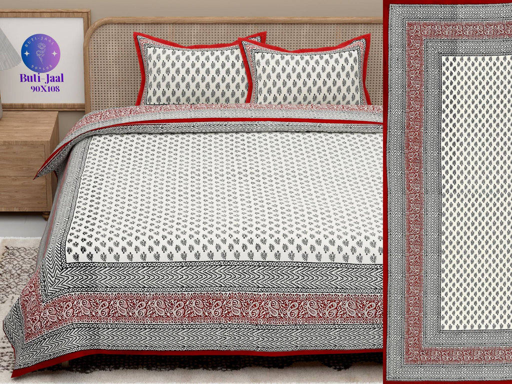 Red White Handblock Printed Cotton 200TC King Bedsheet With 2 Zipper Pillow Covers - King Size by House of Ree