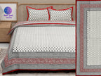 Red White Handblock Printed Cotton 200TC King Bedsheet With 2 Zipper Pillow Covers - King Size by House of Ree