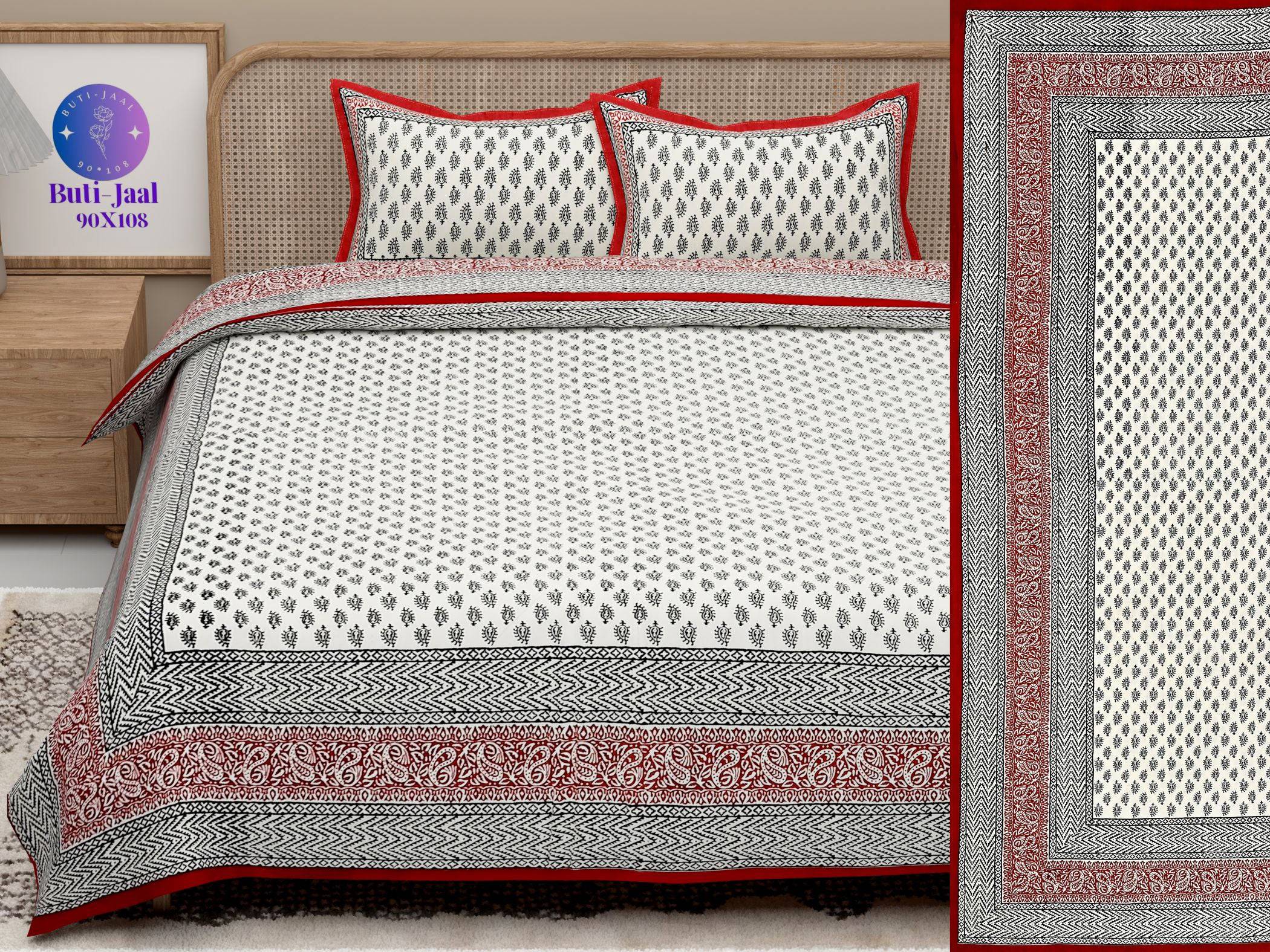 Red White Handblock Printed Cotton 200TC King Bedsheet With 2 Zipper Pillow Covers - King Size by House of Ree