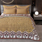 Yellow Ethnic Motifs Cotton 220 TC King Bedsheet With 2 Zipper Pillow Covers - King Size by House of Ree