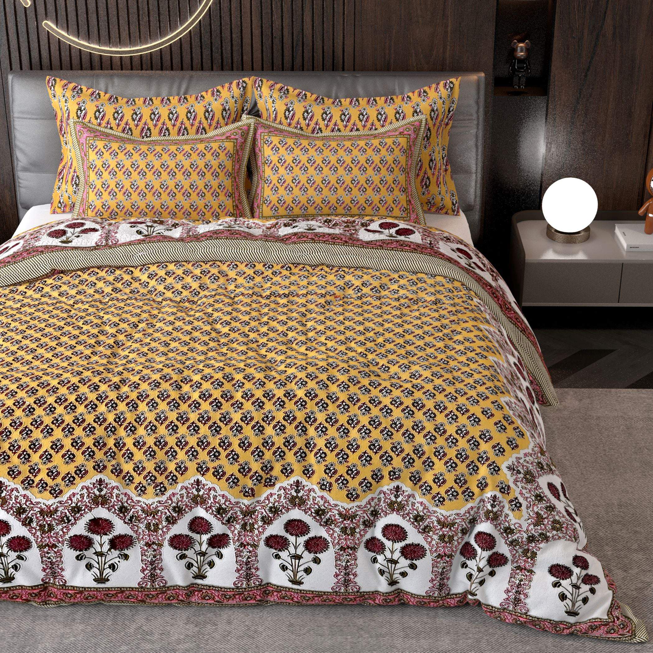 Yellow Ethnic Motifs Cotton 220 TC King Bedsheet With 2 Zipper Pillow Covers - King Size by House of Ree