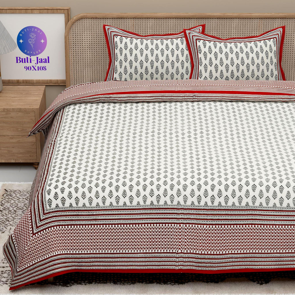 Red White Handblock Printed Cotton 200TC King Bedsheet With 2 Zipper Pillow Covers - King Size by House of Ree