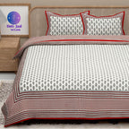 Red White Handblock Printed Cotton 200TC King Bedsheet With 2 Zipper Pillow Covers - King Size by House of Ree
