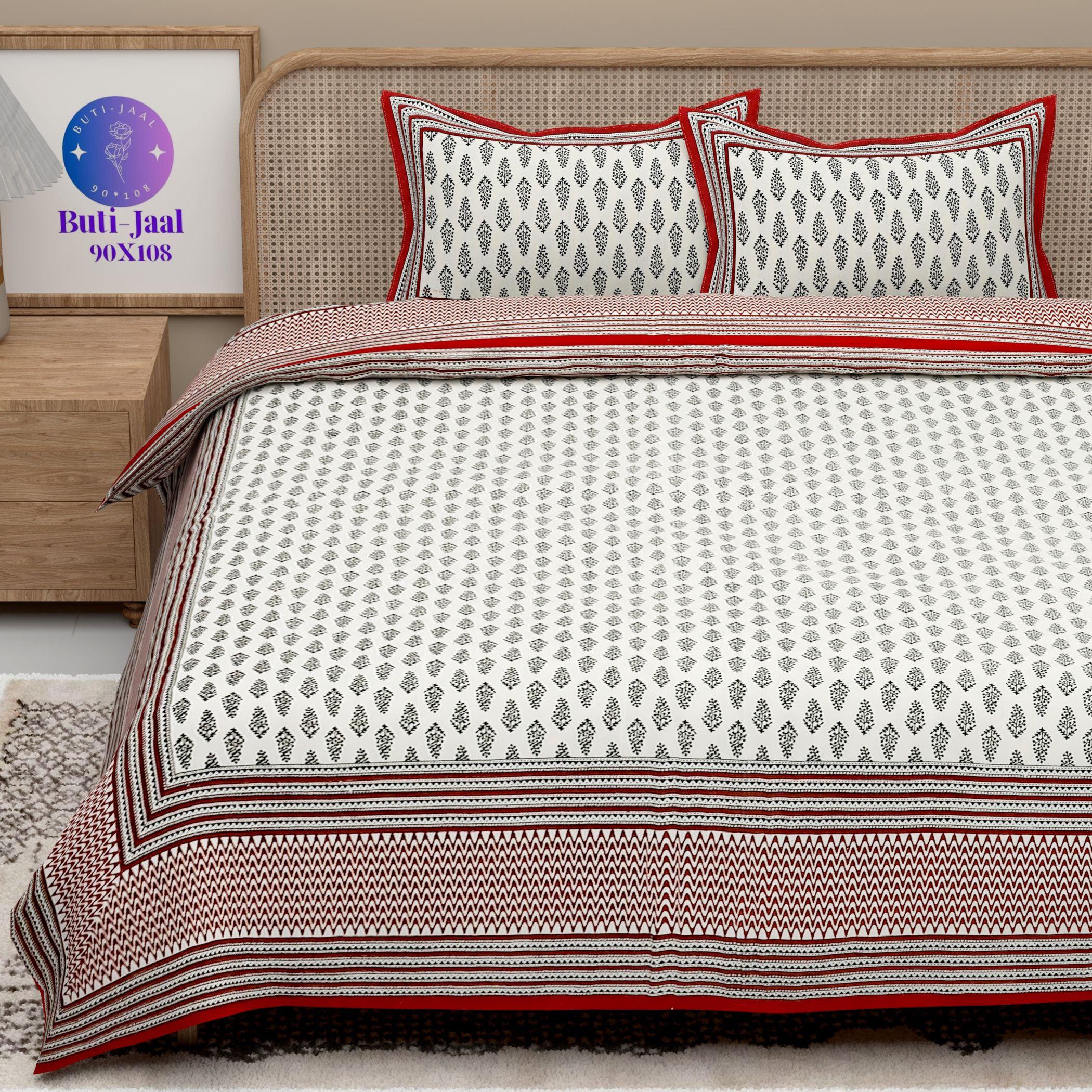 Red White Handblock Printed Cotton 200TC King Bedsheet With 2 Zipper Pillow Covers - King Size by House of Ree