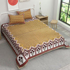Yellow Ethnic Motifs Cotton 220 TC King Bedsheet With 2 Zipper Pillow Covers - King Size by House of Ree