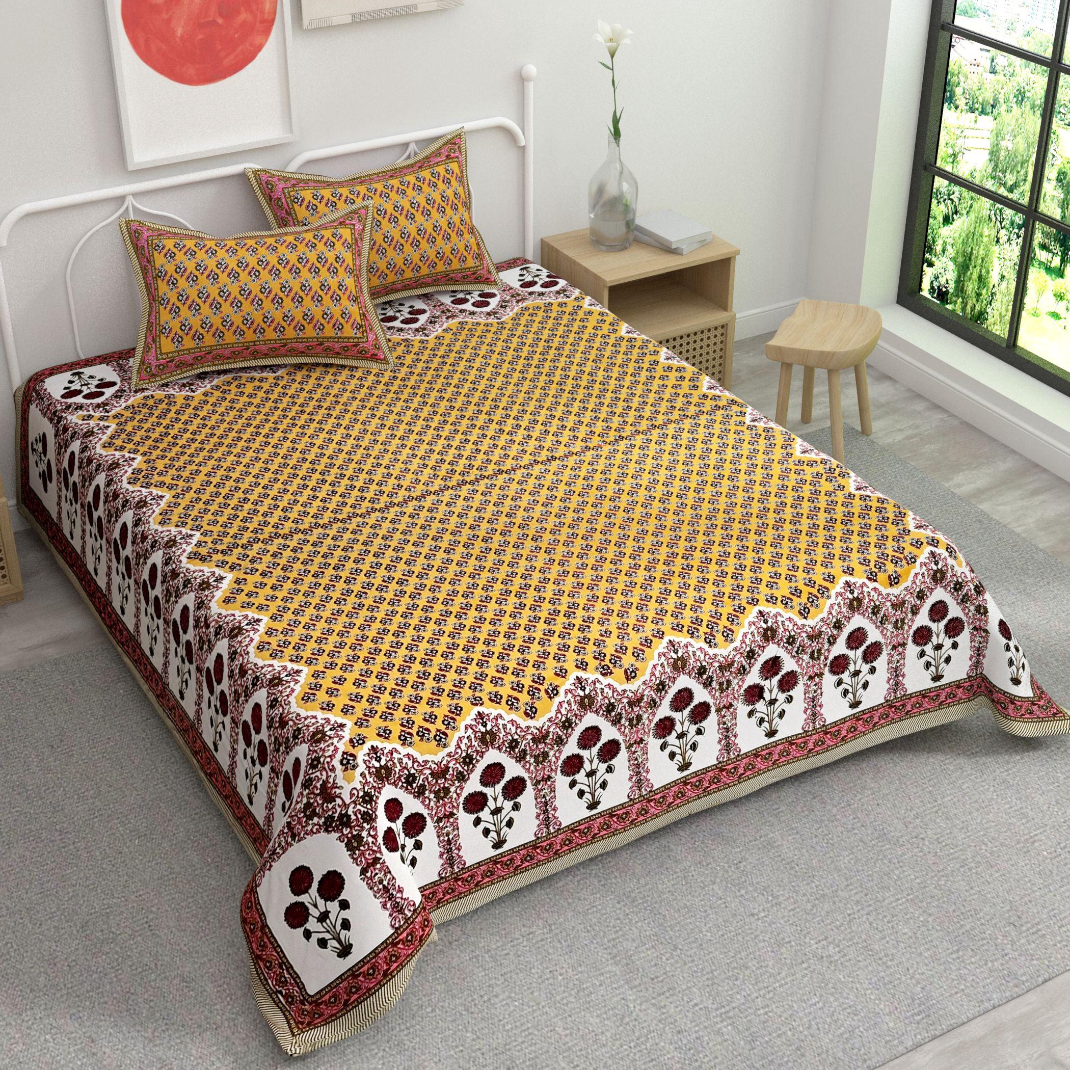 Yellow Ethnic Motifs Cotton 220 TC King Bedsheet With 2 Zipper Pillow Covers - King Size by House of Ree