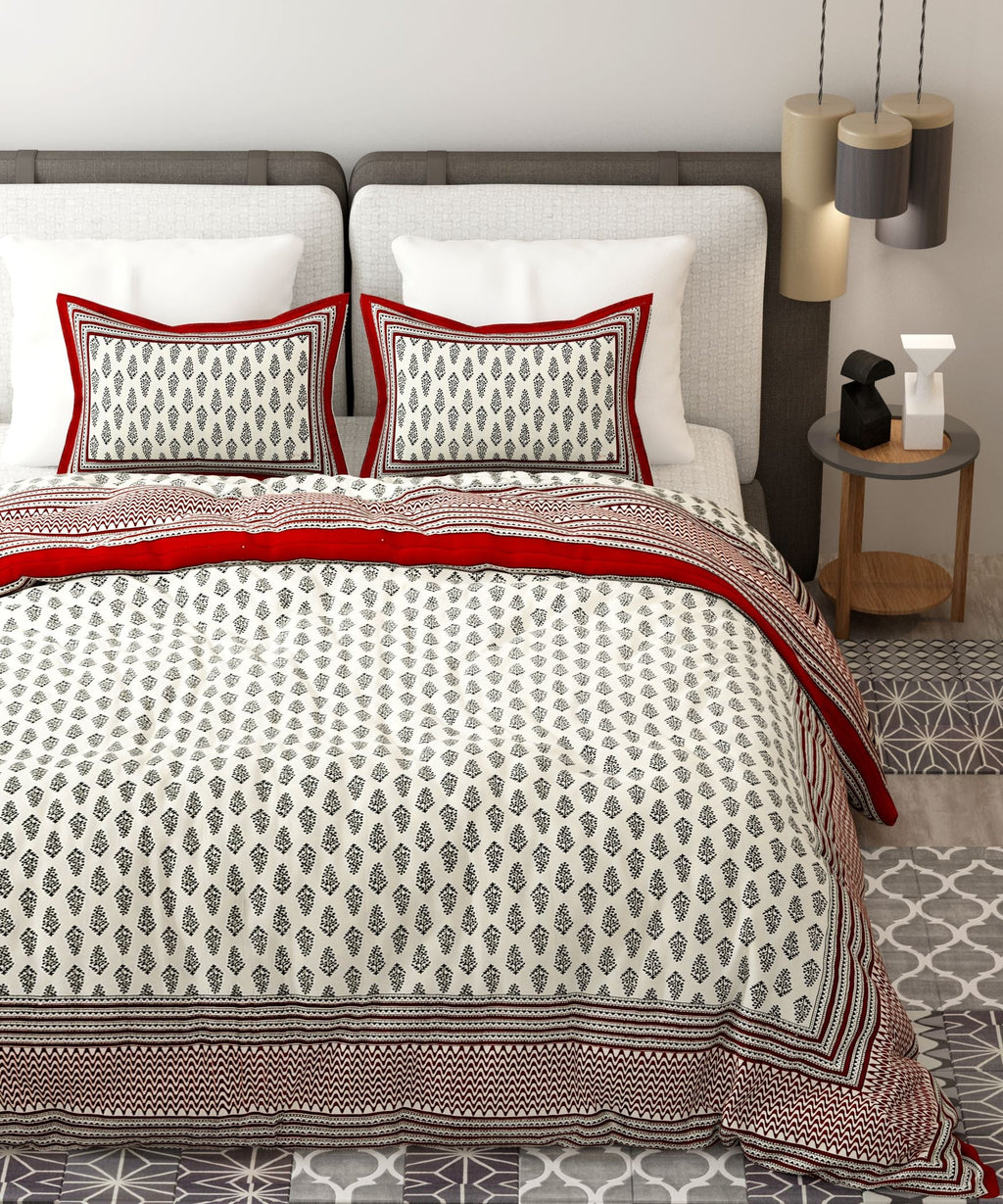 Red White Handblock Printed Cotton 200TC King Bedsheet With 2 Zipper Pillow Covers - King Size by House of Ree