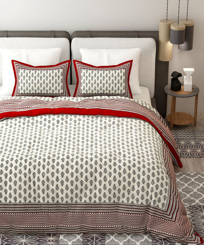 Red White Handblock Printed Cotton 200TC King Bedsheet With 2 Zipper Pillow Covers - King Size by House of Ree Main Image