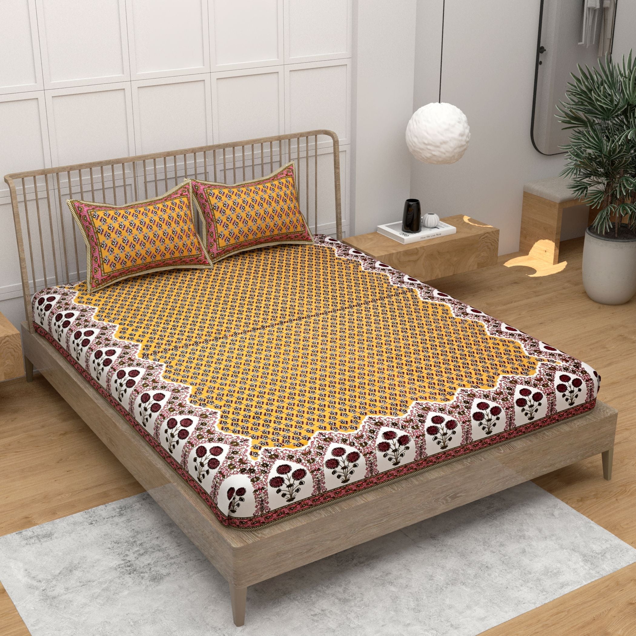 Yellow Ethnic Motifs Cotton 220 TC King Bedsheet With 2 Zipper Pillow Covers - King Size by House of Ree