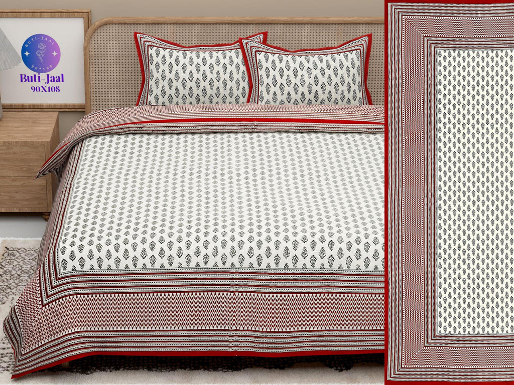 Red White Handblock Printed Cotton 200TC King Bedsheet With 2 Zipper Pillow Covers - King Size by House of Ree