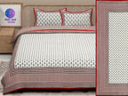 Red White Handblock Printed Cotton 200TC King Bedsheet With 2 Zipper Pillow Covers - King Size by House of Ree