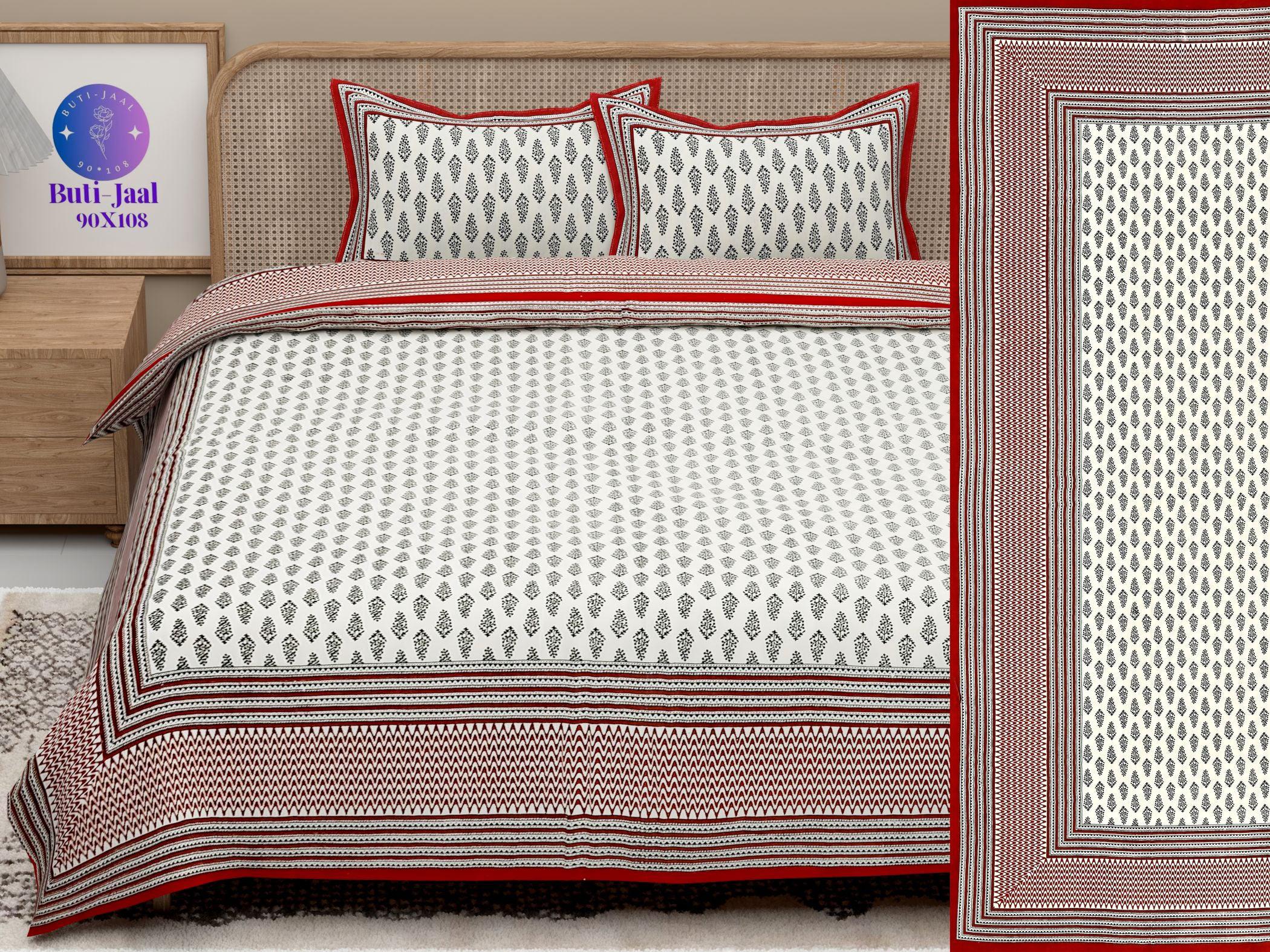 Red White Handblock Printed Cotton 200TC King Bedsheet With 2 Zipper Pillow Covers - King Size by House of Ree